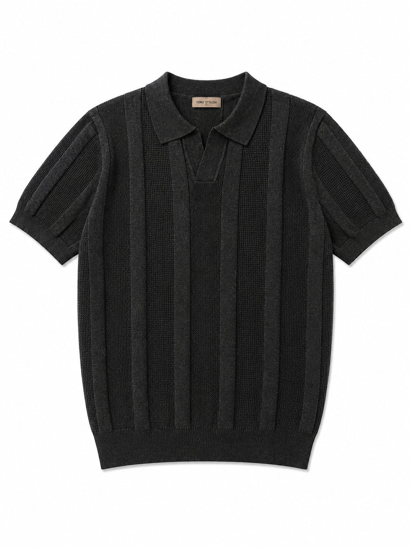 Portofino Waffle-Stripe Knit Polo - Charcoal