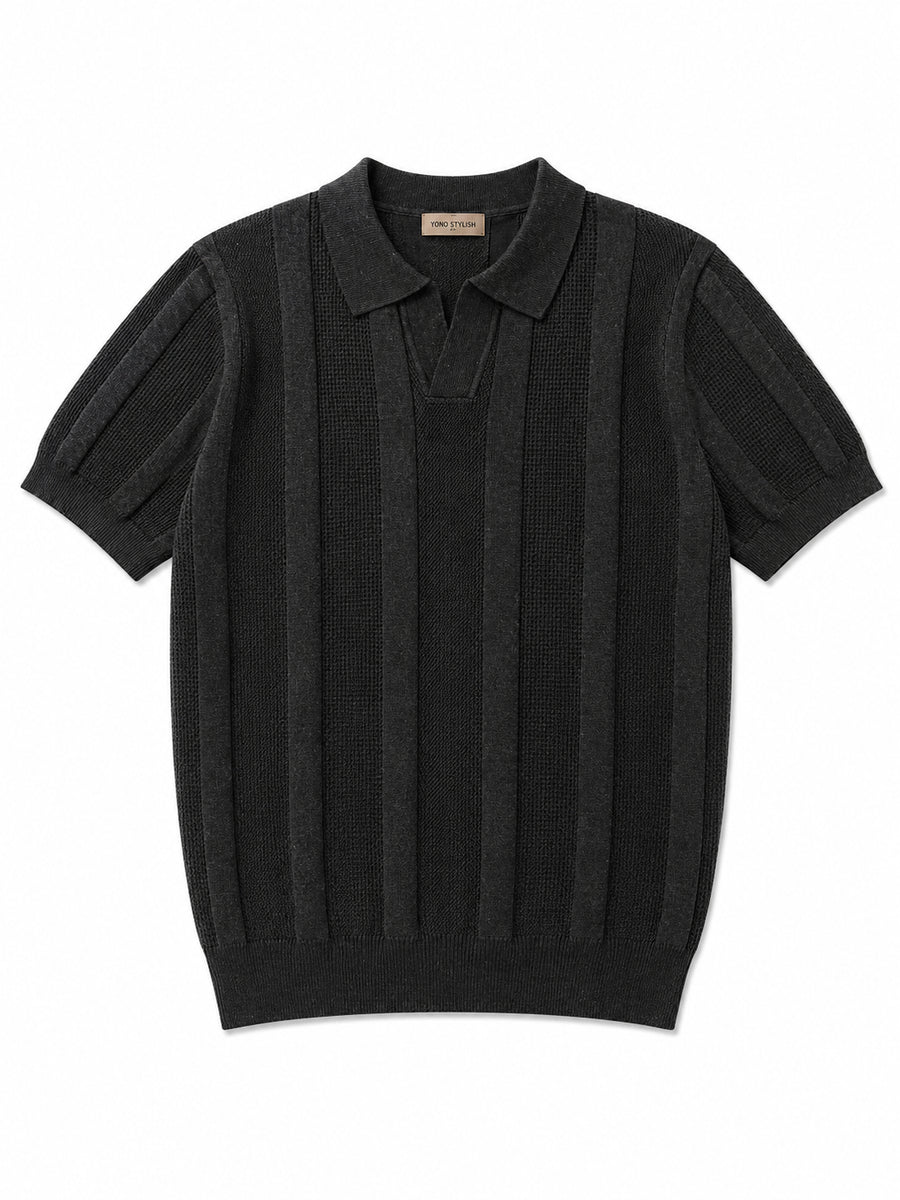 Portofino Waffle-Stripe Knit Polo - Charcoal